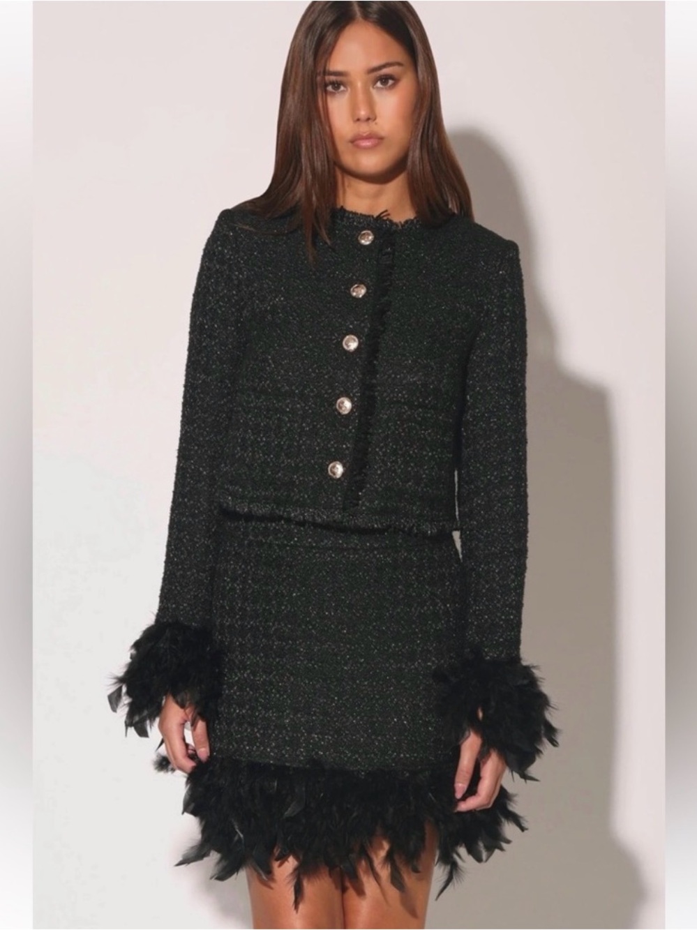 Walter Baker Black Tweed Jacket and skirt with gold buttons feather fringe